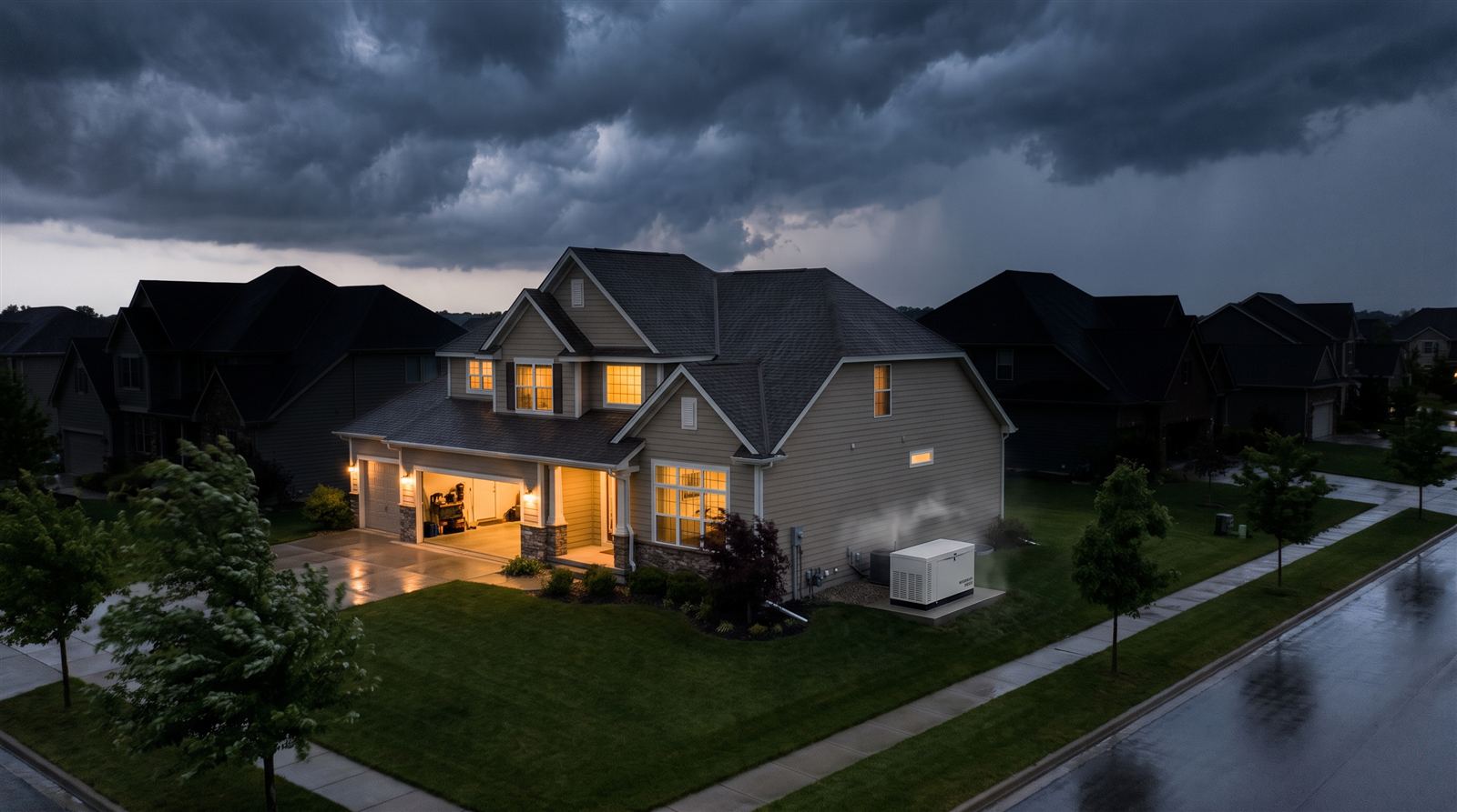 Suburban home running on a whole-house standby generator during a power outage
